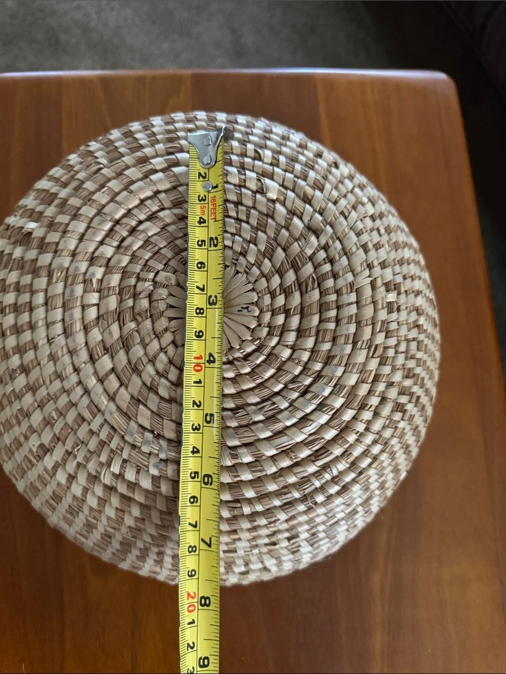 Vintage Handwoven Straw Basket Coiled Shallow Bowl Boho Decor